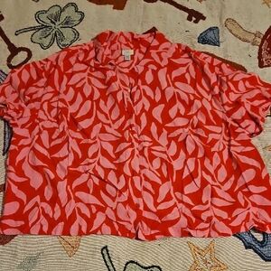 Red and Pink Leaf Print Button Down Shirt